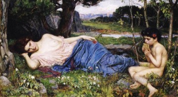 John William Waterhouse Painting - Listening to His Sweet Pipings Greek female John William Waterhouse